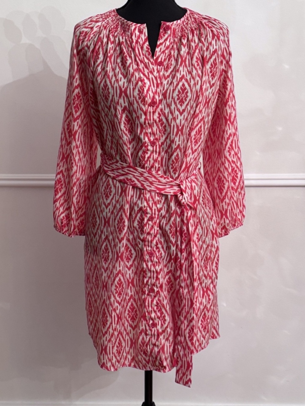 Anthropologie Maeve Dress S Red White Ikat Button Front Tie Waist Long Sleeve